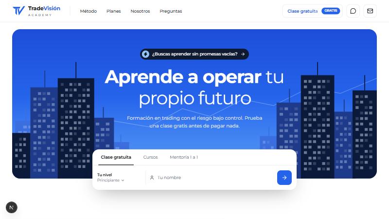 Portada de la web de TradeVisión Academy, con el titular «Aprende a operar tu propio futuro»