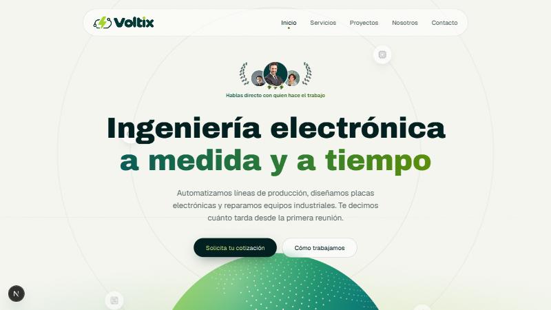 Portada de la web de Voltix, con el titular «Ingeniería electrónica a medida y a tiempo»
