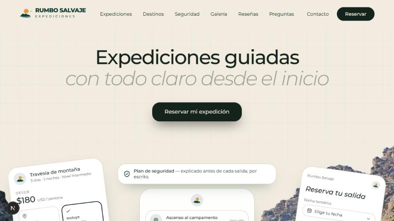 Portada de la web de Rumbo Salvaje, con el titular «Expediciones guiadas con todo claro desde el inicio»