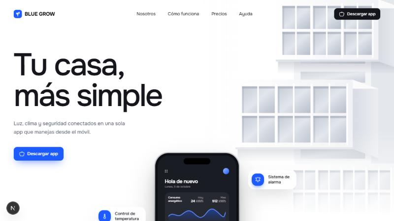 Portada de la web BLUE GROWTH en su versión de app para casas inteligentes, con el titular «Tu casa, más simple»